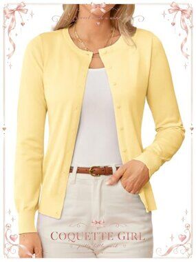 Lightweight Button Down Knit Cardigan Long Sleeve Crew Neck Fitted Sweater Shrug